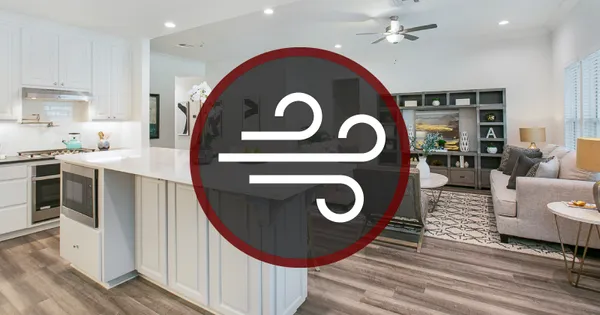 Kitchen and living room with an air quality logo in the foreground