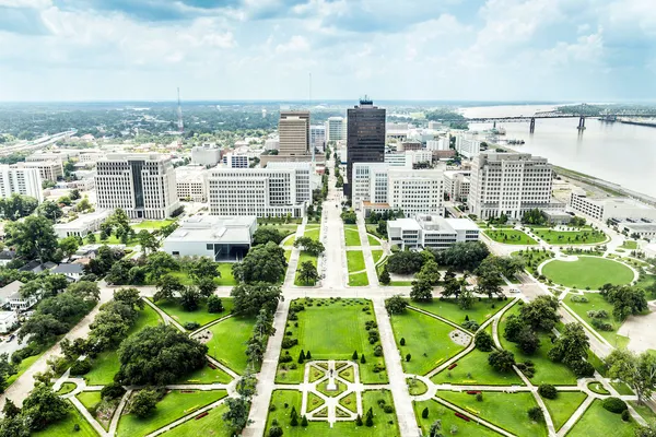 aerial of baton Rouge with Huey Long statue and skyline