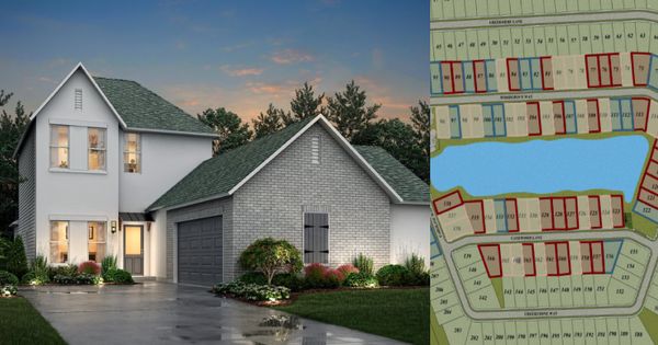 Rendering of a home available in Woodstock Park community and a map of plots that are ready for purchase.