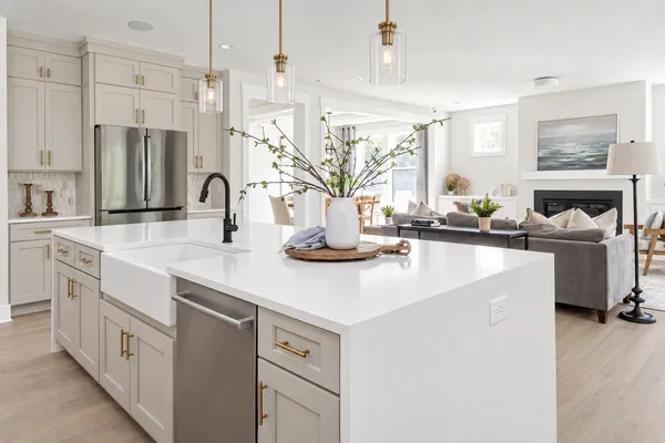 Waterfall Island with Farmhouse Sink