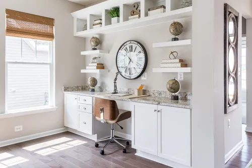 Caroline model home flex office space granite desk floating shelves cabinets