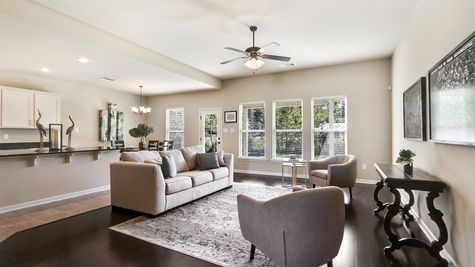 Natural Light- White Cabinets - Dark Granite- Living Room- Kitchen- Open Floor Plan- Model Home- Silver Hill- Community- Ponchatoula Louisiana- Hammond area- DSLD Homes