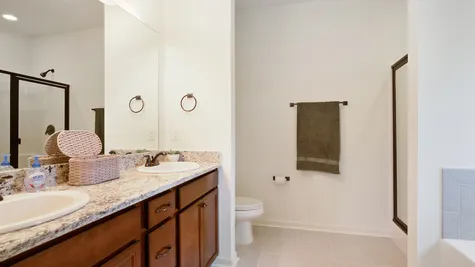 Master Bathroom- natural light- open floorplan- garden tub- walk in shower- tile floor- granite countertops- bronze hardware- stained cabinets-Model Home - DSLD Homes- Baton Rouge area - St. Gabriel- Louisiana- Meadow Oaks