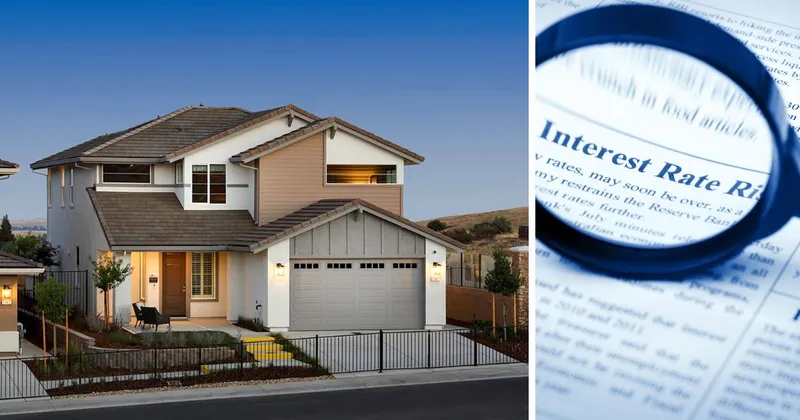 An Elliott Homes rendering with a stock image on the right of a magnifying glass over the term interest rates.