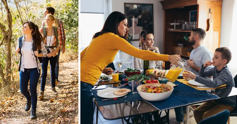 Stock image of people hiking on the left and a stock image of people eating at a dining room table on the right.