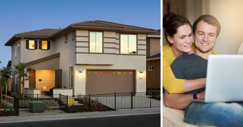 Couple looking at their new Elliott home on the website. Exterior home image on the left.
