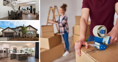 Three images on the left of the graphic of a quick move-in Elliott home. Image on right is of a family moving into their home.