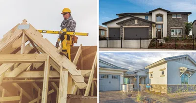 Stock image on the left of a construction worker building the frame of a new home. Two exterior images of Elliott homes on the right.