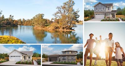 A look at some front elevation renderings in the new Rio Del Oro communities, along with an image of a nearby body of water and a lifestyle image of a family.