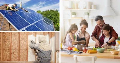 Stock images of energy efficient features and a family making food.