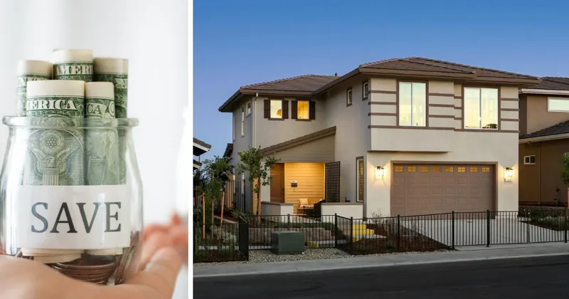 Exterior image of an Elliott home and a stock image of money in a jar.