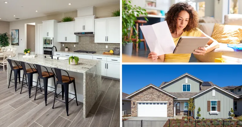 Interior and exterior image of a Elliott home and a stock image of a woman reading paperwork.