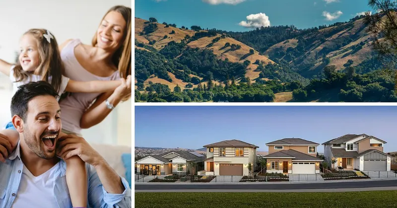 Image of happy family alongside Saratoga homes and the mountains in El Dorado Hills