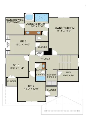 Second-floor rendering floor plan of the Montebello home by Ernest Homes at 186 Hanover Place in Wexford, showcasing the private owner's suite, three secondary bedrooms with walk-in closets, a full secondary bath, and a central laundry room.