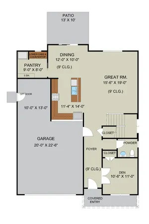 First-floor rendering floor plan of the Montebello home by Ernest Homes at 186 Hanover Place in Wexford, showcasing an open-concept kitchen, great room, dining area, walk-in prep pantry, first-floor den, and 2.5-car garage.