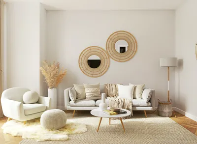 Living room with round mirros and large lamp in corner