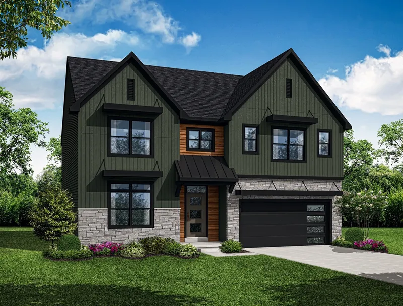 Single family home using color blocking design of dark green with black trim. Wood paneling around entrance