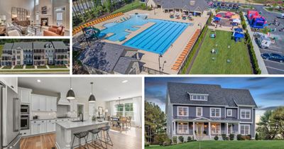 Photos throughout Main Street Homes communities: A community pool, townhomes, a home, and home interior photos.