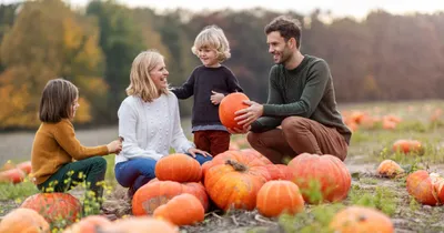 Photo of a family enjoying their time together in the fall at a pumpkin patch near their Main Street Home community.
