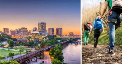 Image of Richmond, VA skyline and people walking through a trail