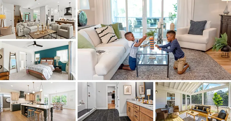 Photo collage of Main Street Homes' model homes featured in the Parade of Homes; photo of kids playing jenga in home