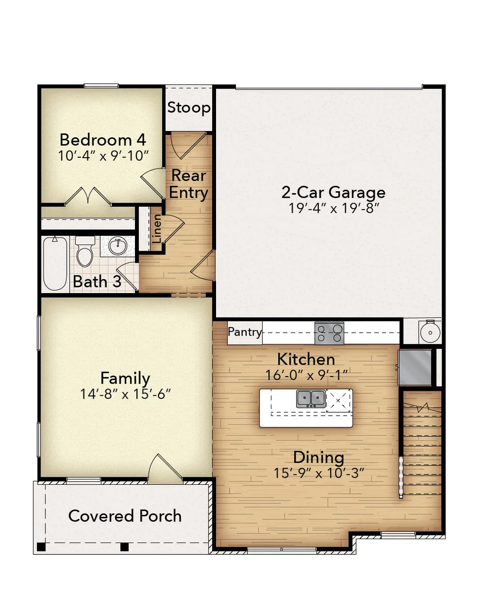 1st Floor with Optional 4th Bedroom, Full Bath, and Hardwood Stairs