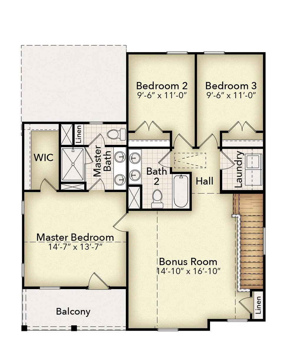 2nd Floor (Boutique Elevation) with Optional Hardwood Stairs, Primary Suite Windows, and Double Bowl Sinks in Bath 2