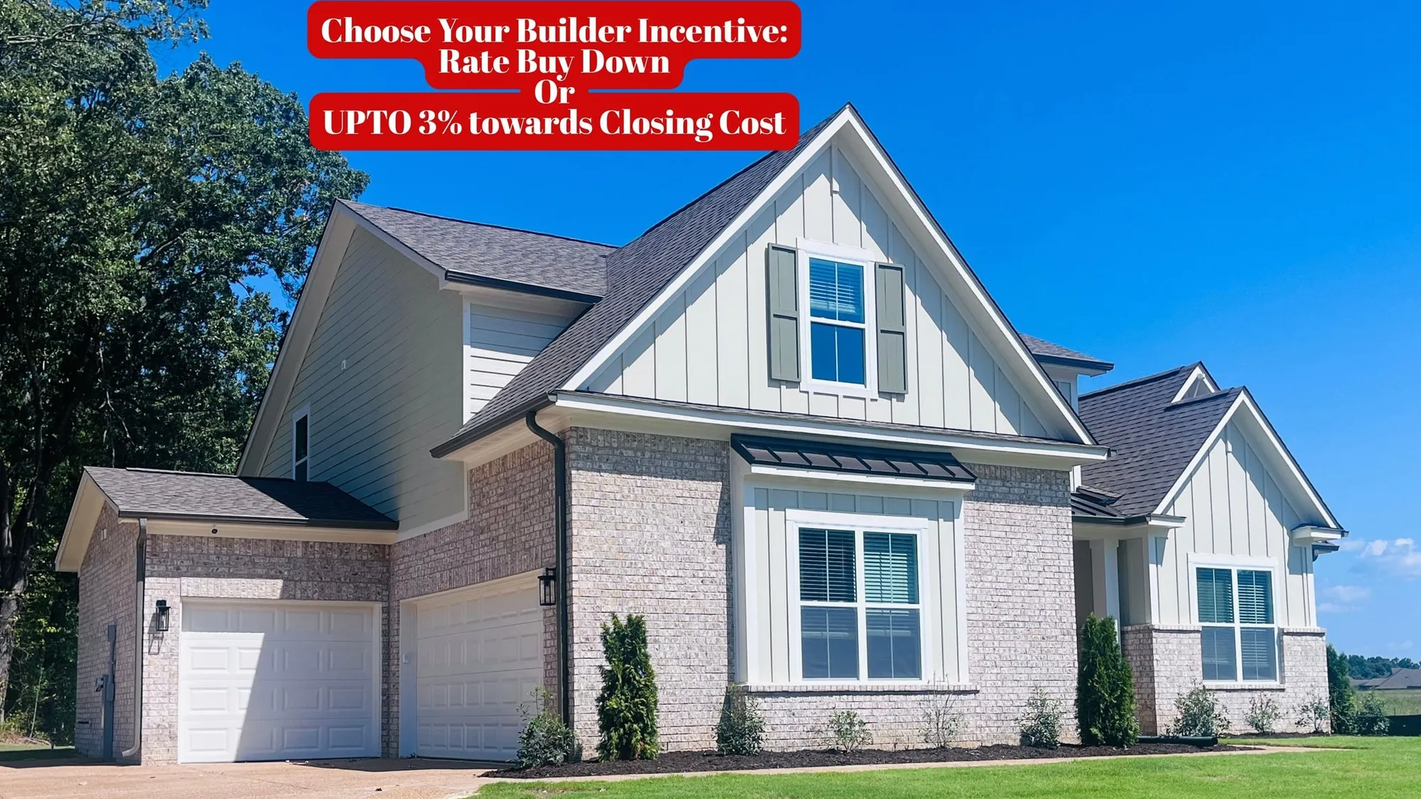 Two-story exterior featuring a brick and board-and-batten facade, multi-gabled roofline, dual-bay garage, and dark-toned shutter accents