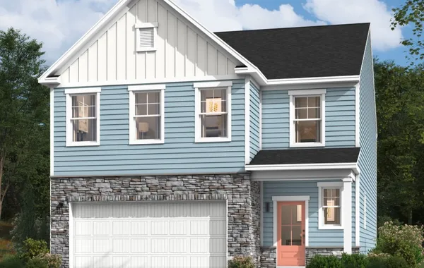 An inviting exterior balances classic siding, text