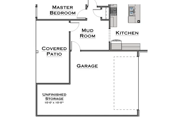 Unfinished Storage Option Replaces 100 sf of patio with 100 sf of unfinished storage in garage
