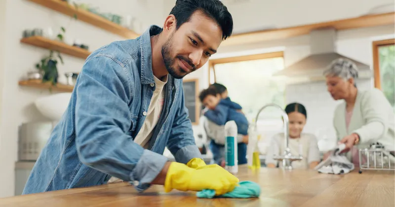 A person helping his senior parents spring clean their home.