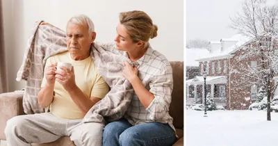 A woman helping her father prepare for a winter storm.