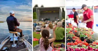 Man fishing in lake, family at an outdoor concert and a local farmers market