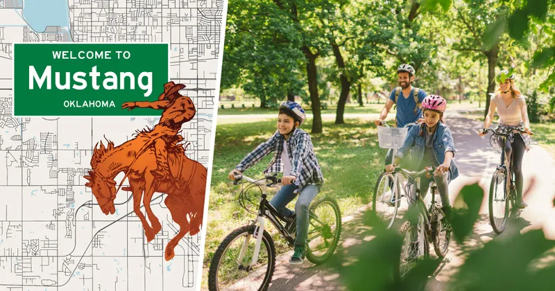 Map of Mustang on the left and a family riding their bikes on the right.