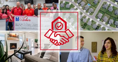 A collage of images that include a donation check, aerial shot of a neighborhood, a interior home image and a Taber employee.