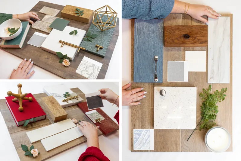 Flat lay images of different design finishes, along with cabinet, countertop and tile options.