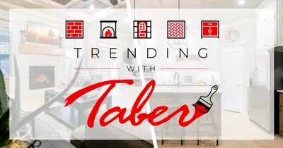 photo of a living room on the left and kitchen on the right with the trending with taber logo in the foreground