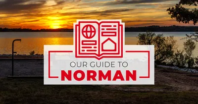 Image of lake in Norman, Oklahoma with graphic that says Our Guide to Norman overlaid.