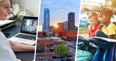 Stock image of people on Zoom, image of Oklahoma City's skyline and a stock image of kids reading.