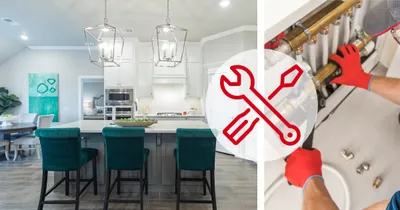 Image on left is of a Homes by Taber staged kitchen. Image on right is stock image of someone doing maintenance on their home.
