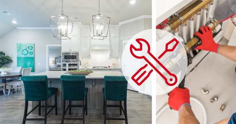 Image on left is of a Homes by Taber staged kitchen. Image on right is stock image of someone doing maintenance on their home.