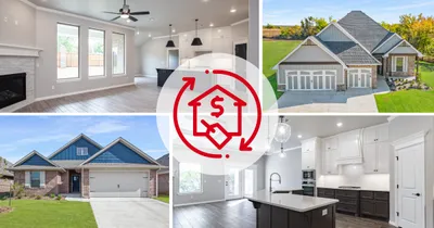 Four image collage of a Taber home with a financing graphic in the middle.