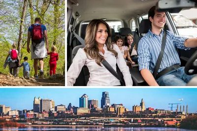 Stock images of people hiking and people driving for a roadtrip. Bottom image is of a skyline.