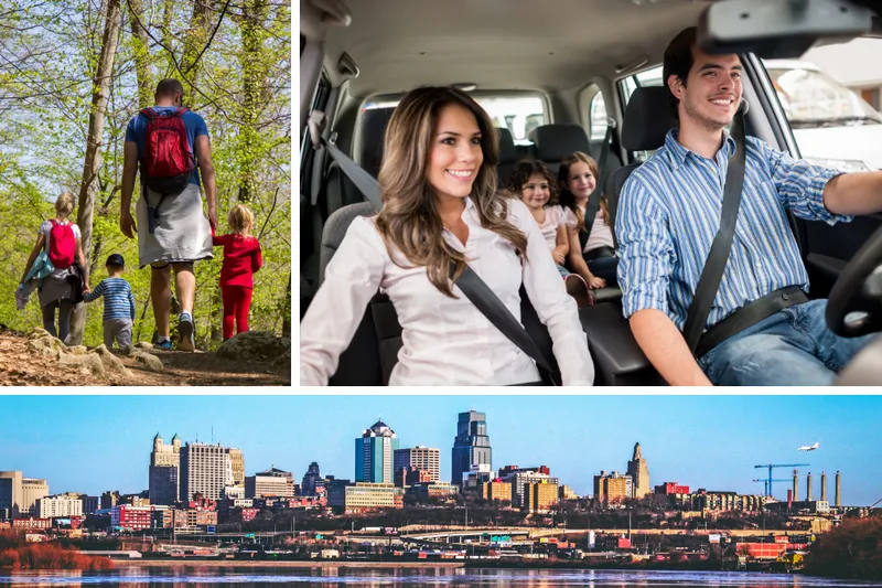 Stock images of people hiking and people driving for a roadtrip. Bottom image is of a skyline.