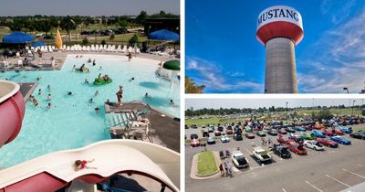 Images from Mustang, Oklahoma arranged in a collage. Images include a pool, water tower and parking lot.