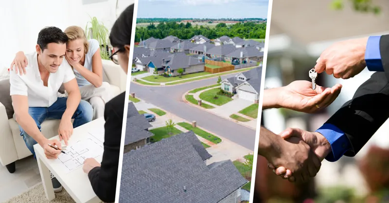 Stock images of a couple signing paper work and being handed keys and an aerial image of a Taberhood.