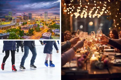 Image of OKC skyline, friends ice skating and people getting together for the holidays.