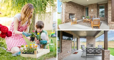 Stock image of a mother planting flowers with her child. Images on the right are patios in a Taber home.