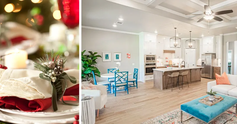 Left: A table setting with all the latest holiday inspiration. Right: A Taber home with an open floor plan that creates room to host around an oversized island and living area.
