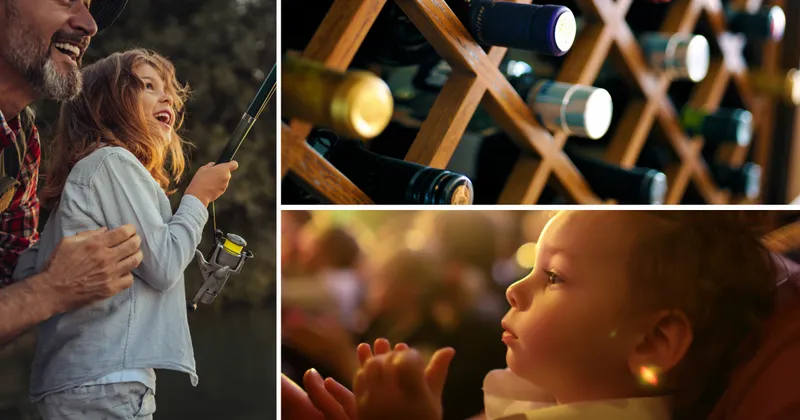 Images of grandfather teaching fishing, a selection of wine, and a family watching a show